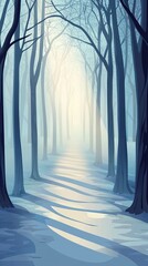 Wall Mural - Misty Forest Path with Soft Light Rays Mystical Foggy Mornings ,Winter seasson, Happy New Year, Happy christmass 