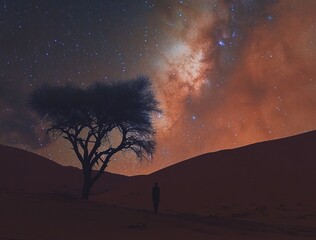Wall Mural - The tree silhouette under the starry night with  bright milky way galaxy. 