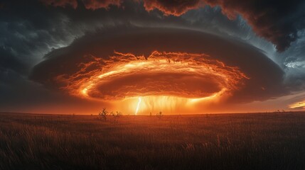 Wall Mural - epic bright orange thunderclouds and lightning hung over the field.
