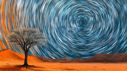 Wall Mural -  The tree stands tall against the night  sky with swirling star trails. Time-lapse photography with long exposure.