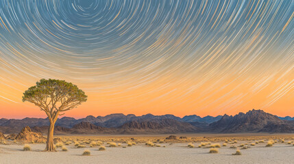 Wall Mural -  The tree stands tall against the night  sky with swirling star trails. Time-lapse photography with long exposure.