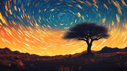 Wall Mural - the tree stands tall against the night sky with swirling star trails. time-lapse photography with lo