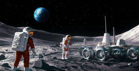 Wall Mural - exploration of the lunar surface with astronauts and rover