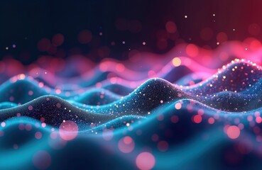 Poster - Abstract futuristic background dynamic data transfer. Pink, blue glowing neon wave lines create moving mountain of data. Bokeh lights add to vibrant energy, motion. Perfect concept image for tech