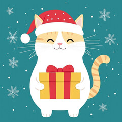 Wall Mural - Cute cat wearing a Santa hat holds a gift during winter