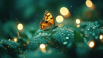 Butterfly in rain drops green grass with bokeh background. Rainy day nature scene. Dewy meadow with bright sunlight. Wet springtime field. Lush foliage freshness. Tranquil morning. Yellow colours.