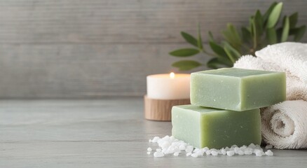 Poster - Relaxing spa setup with natural soap, candle, and salt arranged for soothing experience