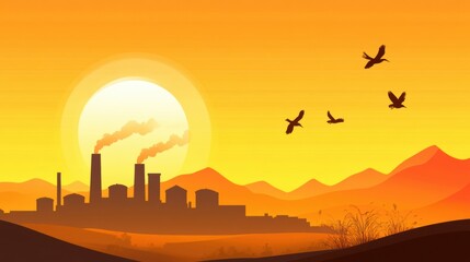 Poster - Factory silhouette against a vibrant sunset with birds flying in the sky, AI