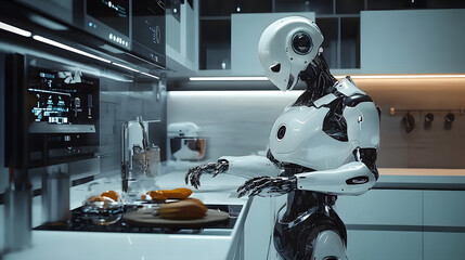 Wall Mural - a white robot is in a futuristic kitchen.