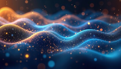 Poster - Abstract digital illustration with glowing waves. Dynamic pattern of light particles creating futuristic design. Illuminated dots form complex undulating shapes. Glowing network of interconnected
