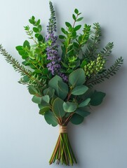 Wall Mural - A vibrant bouquet of green foliage and purple flowers, perfect for decoration or gifting.