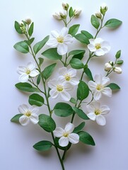 Wall Mural - A delicate arrangement of white flowers and green leaves on a light background.