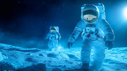 Wall Mural - astronauts exploring the lunar surface under a starry sky