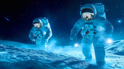 Wall Mural - astronauts exploring the lunar surface under a starry sky