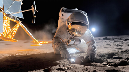 Wall Mural - astronaut explores lunar surface near landing module