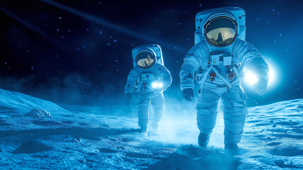 Wall Mural - two astronauts exploring the moon's surface at night