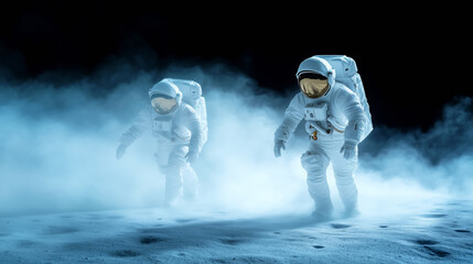 Wall Mural - astronauts explore the lunar surface under a starry sky