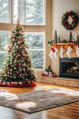 Wall Mural - Cozy Christmas living room with a decorated tree, stockings, and gifts during a snowy winter afternoon