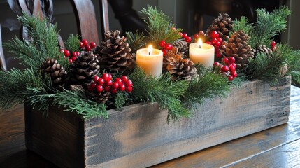 Wall Mural - Holiday centerpiece with candles, pinecones, and berries on wooden table