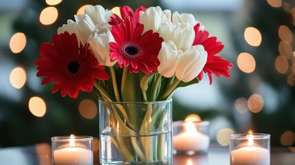 Wall Mural - Colorful bouquet of red and white flowers with candles, creating a warm atmosphere during a festive gathering