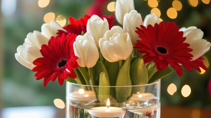 Wall Mural - Colorful bouquet of red and white flowers with candles, creating a warm atmosphere during a festive gathering