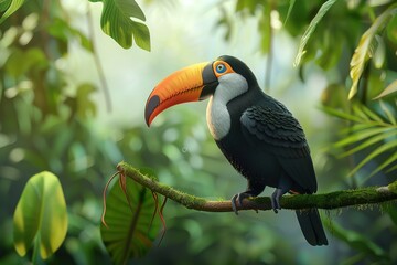 Toucan sitting on the branch in the forest, green vegetation, full of copy space, colorful wallpaper