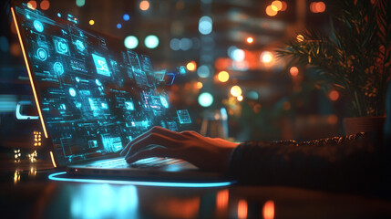 Futuristic Laptop Interface  Digital Data  Night City Background