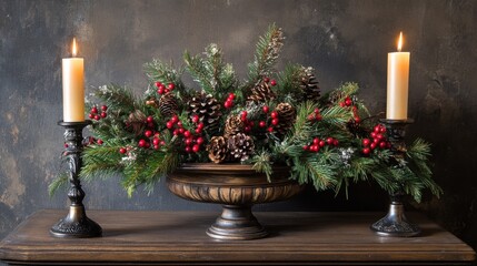 Wall Mural - Holiday centerpiece with evergreen branches, berries, and candles on a wooden table