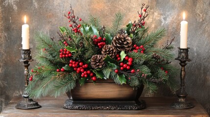 Wall Mural - Holiday centerpiece with evergreen branches, berries, and candles on a wooden table