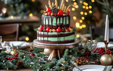 Wall Mural - Festive chocolate cake surrounded by holiday decorations on a dining table in a cozy setting