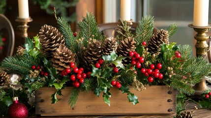 Wall Mural - Holiday centerpiece with candles and pinecones on a rustic wooden table