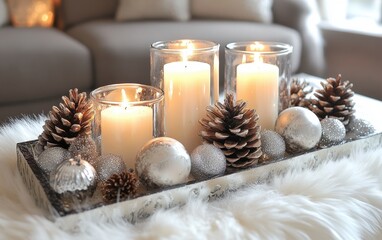 Wall Mural - Elegant table centerpiece with candles and pinecones for a winter celebration