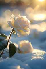 Poster - Winter roses bloom gently in a snowy garden during the soft light of dawn