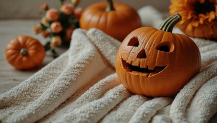 Wall Mural - Pumpkin with a clay mask, surrounded by towels and flowers.