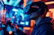 © decle - A gamer participating in virtual reality esports tournaments with global competitors, Virtual competition scene, Futuristic style