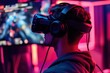 © decle - A gamer participating in virtual reality esports tournaments with global competitors, Virtual competition scene, Futuristic style