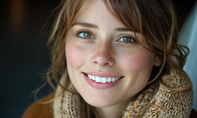 Wall Mural - Happy woman with brown hair and freckles, wearing cozy scarf, smiles warmly in natural light, showcasing her beauty in close up portrait that exudes warmth and joy.