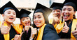 © peopleimages.com - Selfie, happy people or thumbs up for graduation or portrait on campus to celebrate success. Face, photo memory or university students with smile for education goal or certificate approval in Japan