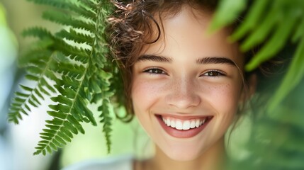 Wall Mural - Cheerful young woman smiling among lush green ferns in a natural outdoor setting