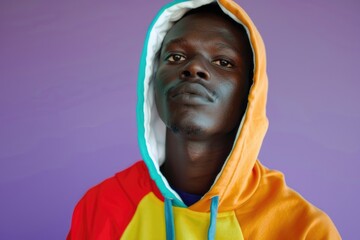 Poster - Brooding African American man in colorful hoodie poses for camera