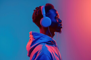 Poster - Side view portrait of young African man with headphones in neon light studio background