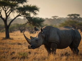 Canvas Print - Rhino in a savanna landscape.