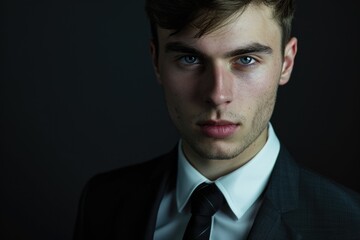 Poster - Serious businessman in suit  black background  vertical portrait.