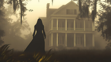 Eerie haunting ghostly female figure walking in front of a foggy southern plantation antebellum mansion on halloween night - generative ai. Haunting. Illustration