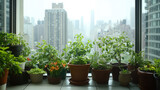 Urban oasis in a green balcony with lush potted plants overlooking cityscape