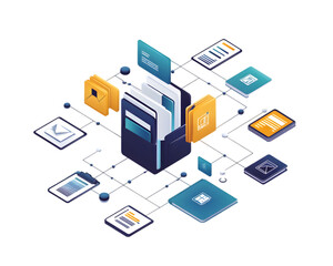 Digital Icons of Files and Folders Linked Together, Transparent PNG