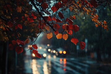 Wall Mural - A close-up view of autumn leaves hanging from branches, with light rain and soft lighting illuminating the colorful foliage of red, orange, and yellow leaves on a tree-lined street 1