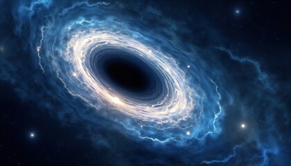 Poster - Vast cosmic scene swirling vortex of black hole. Intense blue, white nebulae spiral around dark abyss. Star-dust particles scatter in space. Galaxy dynamic, fascinating. Illustration embodies