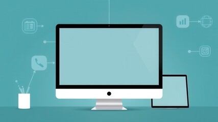 Wall Mural - Computer and mobile mockup of browser windows on a blank white screen, editorial, technology, concept