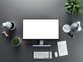 Wall Mural - Modern and sleek desktop vector mockup with computer screen and keyboard, top view, office, background